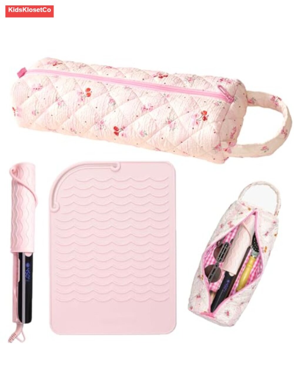 Quilted Travel Bag for Hair Tools, Flat Iron Silicone Mat, Portable Carrying